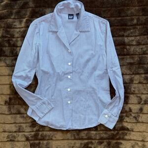 GAP M Blue Woven‎ Houndstooth Check Button Front Long Sleeve Blouse CLEAN